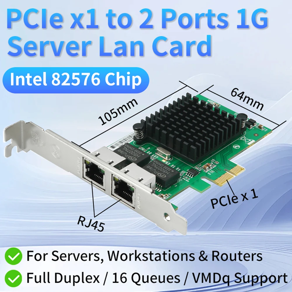 Фото INTEL 82576-T2 Gigabit PCIe x1 Двухпортовая сетевая карта настольного компьютера 1000 Мбит/с 2 RJ45 Серверная сетевая карта для Windows Linux №1