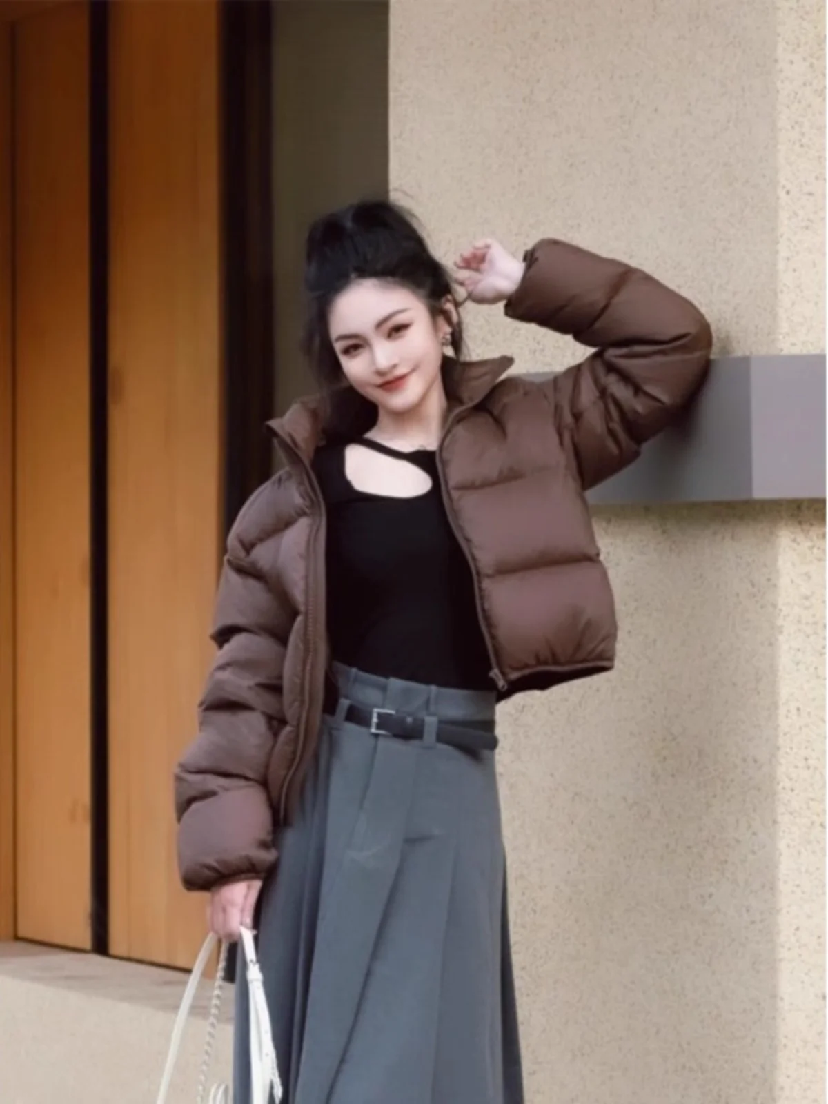 Coffee Color Stand Collar Short Down jacket Women Winter 2023 New Kendall Sle Small Man White Duck Down down Coat Outerwear