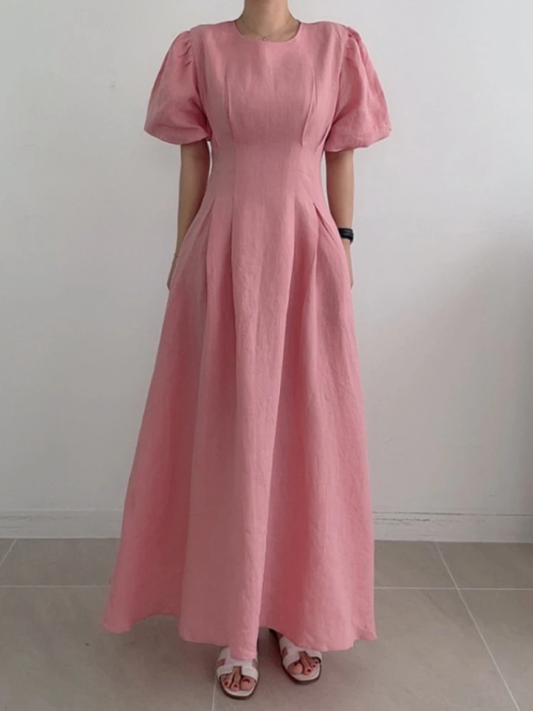 

Summer Dress Women 2023 New Elegant Fashion Solid Long Dresses Woman Clothing Streetwear V-Neck Puff Sleeve LOOSE Vintage Robe