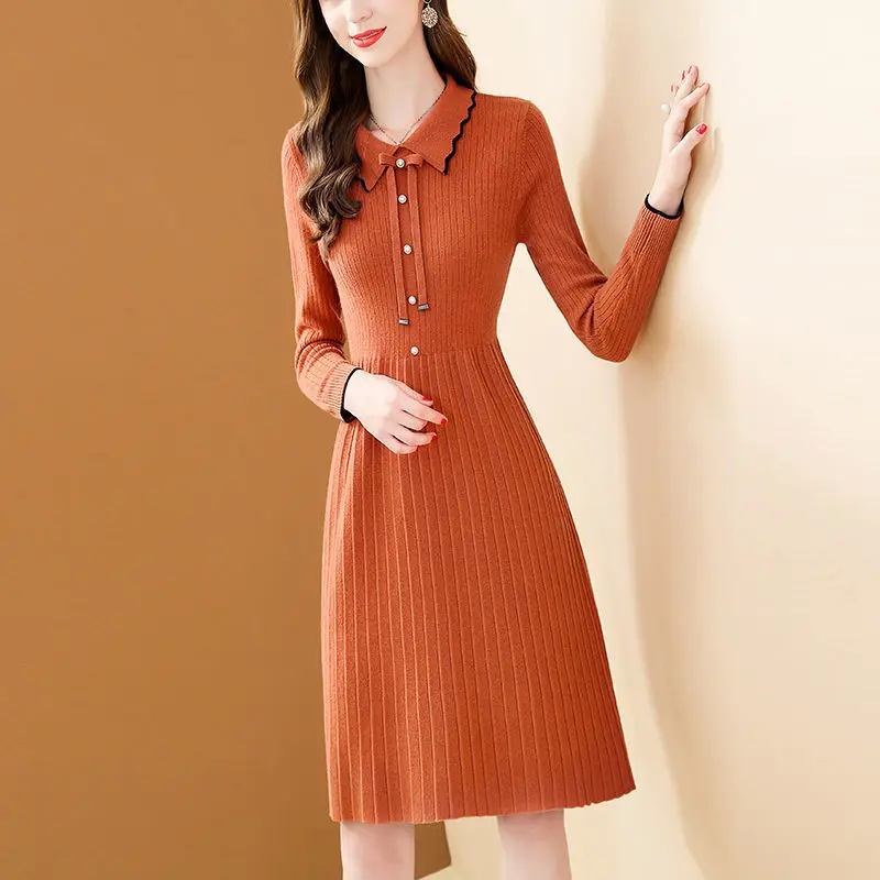 Women Peter Pan Collar Knitted Pencil Dress Female Solid Vestidos Long Sleeve Dresses Ladies Casual Mid-length Knit Dress G187