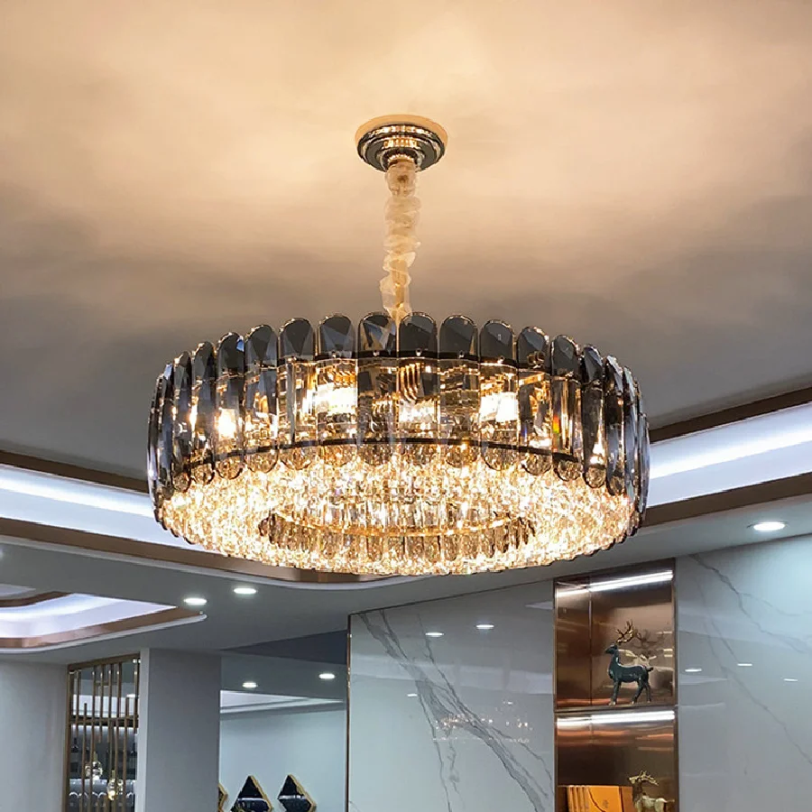 

Modern Luxury Living Room Lighting Gray K9 Crystal E14 Led Pendant Lights Gold Metal Chain Suspend Light Led Droplight Fixtures