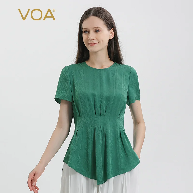 

VOA 22 Momme Jacquard Mulberry Silk Green O-neck Long Back Zip Design Front and Rear Slits Hem Short-sleeved Silk T-shirt BE1110