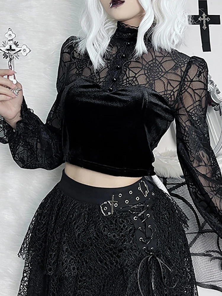 Goth Dark элегантные винтажные женские блузки в готическом стиле гранж бархатные с