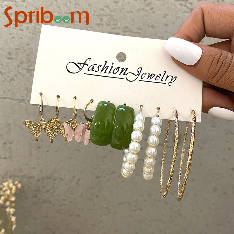 

Geometric Pearl Hoop Earrings Set Trendy Resin Butterfly Hoops Earring for Women Girls Vintage Jewelry Aesthetic Female Gifts