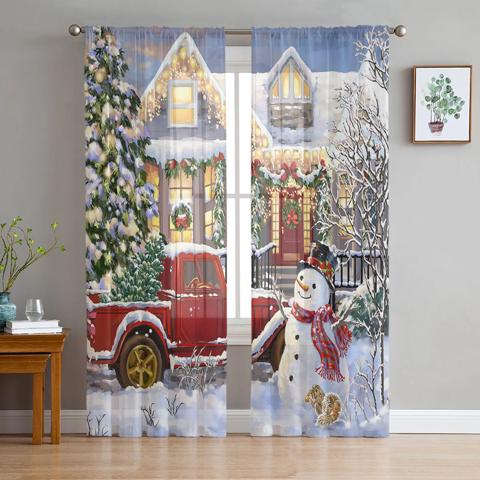 

Christmas House Santa Claus Snowman Elk Sheer Voile Curtains Living Room Bedroom Window Drapes Balcony Screen Tulle Curtains 2pc