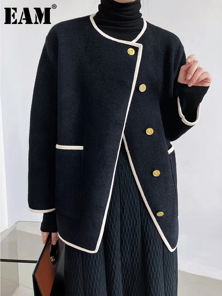 

[EAM] Loose Fit Black Big Size Warm Elegant Woolen Coat Parkas New Long Sleeve Women Fashion Tide Autumn Winter 2023 1DF0408