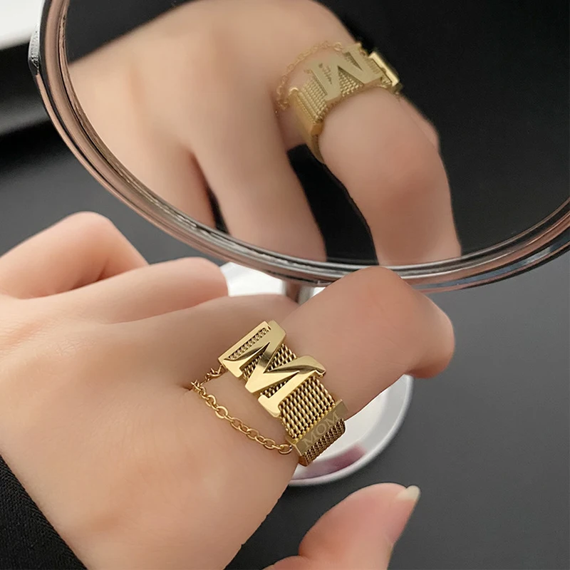 

Stainless Steel Letter M Rings for Women Tassel Chain Initial Letter Rings Goth Aesthetic Jewelry Gifts for Mom