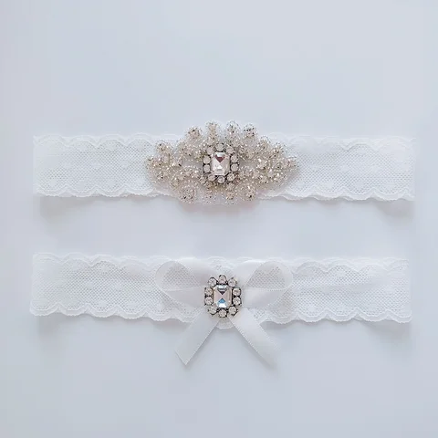 Белые свадебные подвязки из эластичного кружева, комплекты свадебных подвязок со стразами, прозрачные кристаллы для свадьбы