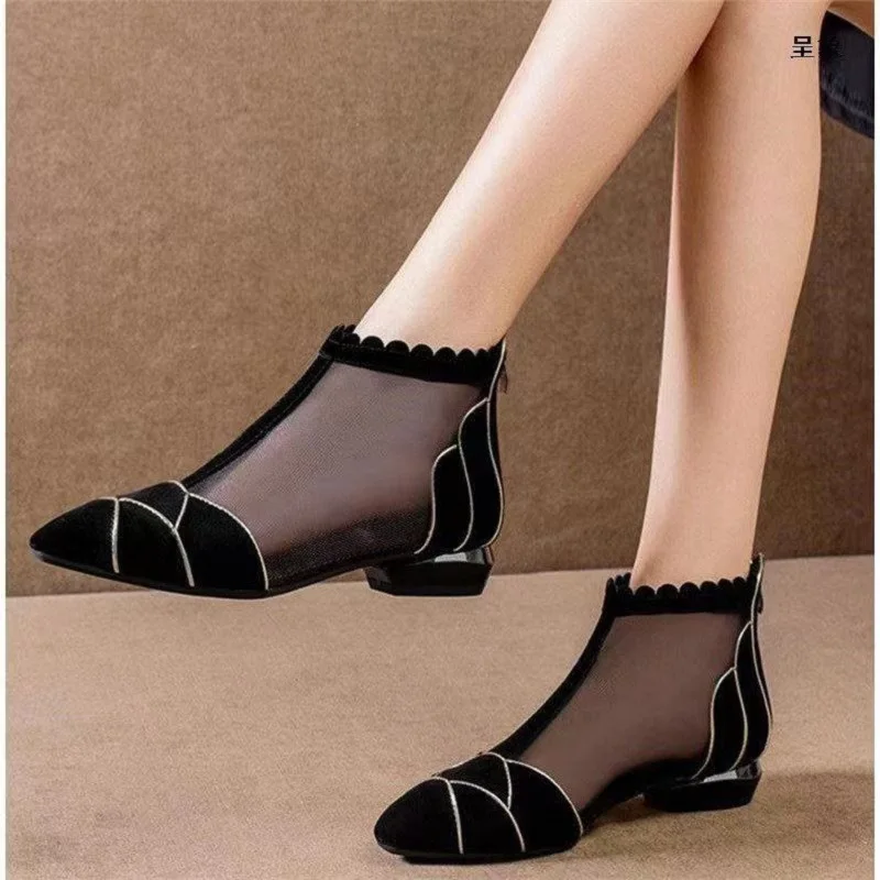 Elegant ladies shoes fashion 2023 pointed toe mesh boots summer ankle shoes low heels women breathable footwear