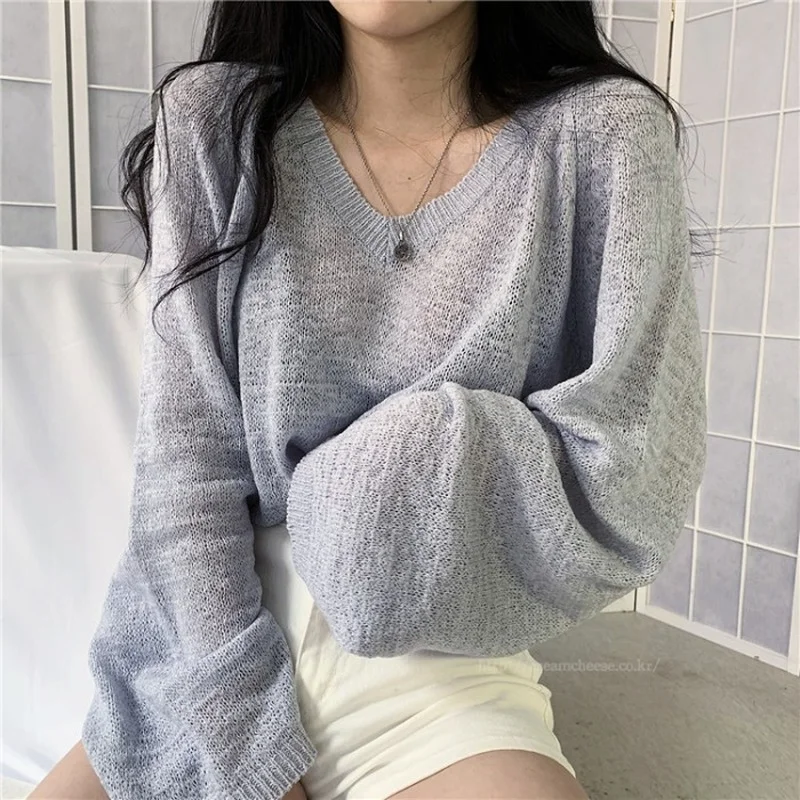 

2023 South Korean Chic Summer Lazy Wind Loose Tops Women V-neck Thin Knitwear Pullover Hoodie Simple Solid Color Sweet Female