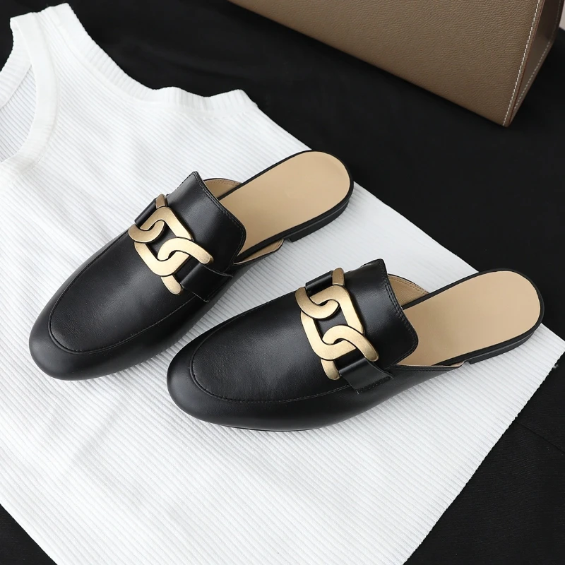 Slippers for Women In Spring and Autumn, New Leather Wrapped Lefu Half Slippers for Wearing on Muller Loafers