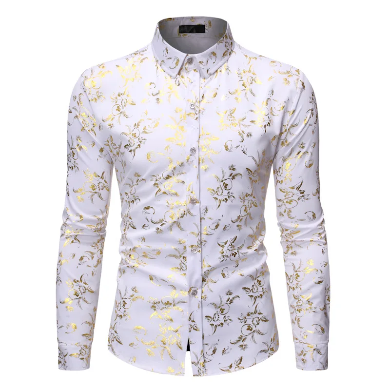 

White Men Shirt 2022 New Luxury Gold Floral Print Mens Dress Shirts Slim Fit Long Sleeve Chemise Homme Streetwear Hawaiian Shirt
