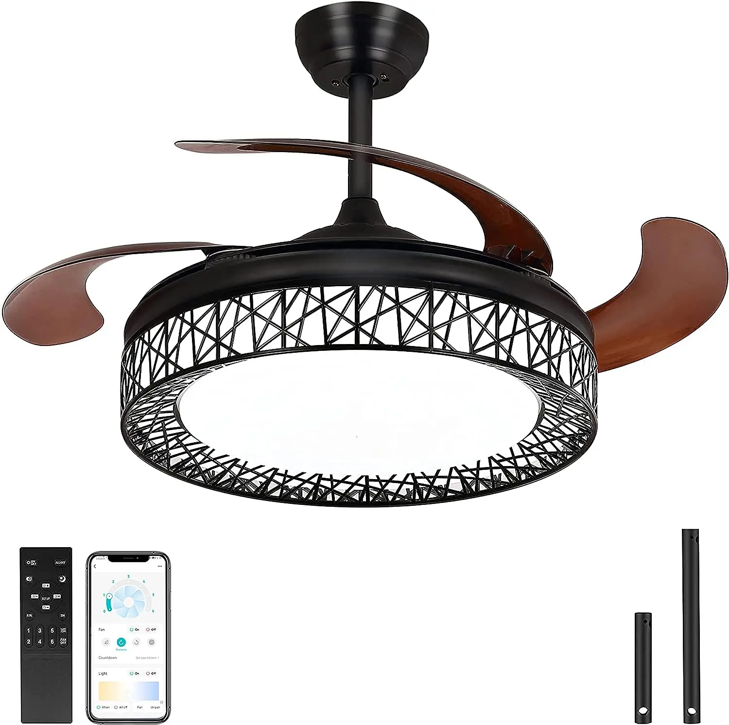 

Inch Retractable Ceiling Fan with Lights and APP Remote Control, Farmhouse Ceiling Fan Light Black, 4 Retractable Blades Modern