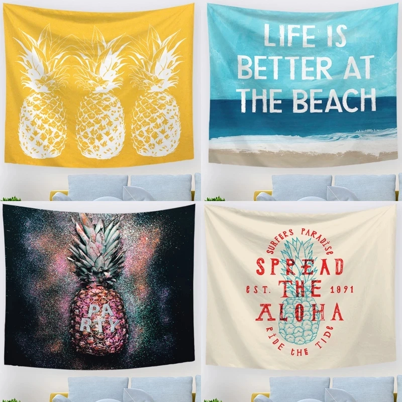 

Summer Beach Wall Tapestry Pineapple Hanging Beach Sea Waves Blue Tapestries White Tapestry Hippie Home Decoration Warm Colour