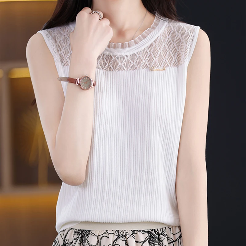 

Lace Patchwork Knitted Tank Top Women 2023 Summer Tops O Neck Slim Camisole Female Elasticity Sleeveless Camis White Black Tees