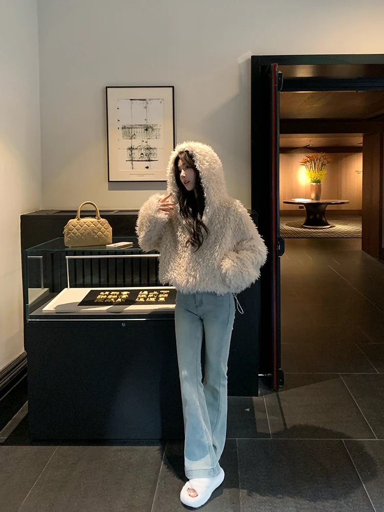 Chen Dayu Lamb плюшевый капюшон короткое пальто женское зимнее маленькое свободное