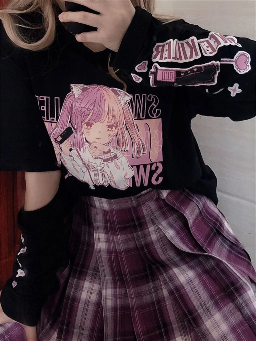

Футболка женская с рисунком из японского аниме, топ с готическим мультяшным принтом, с разрезом на рукавах, Милая футболка в стиле Харадзюку...