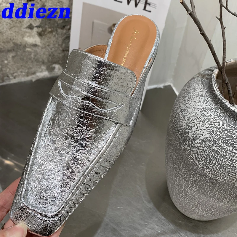 

Silver Women Slippers Mules Flats Shoes Summer 2023 Luxury Fashion Square Toe Ladies Casual Shoes Outdoor Female Slippers Slides