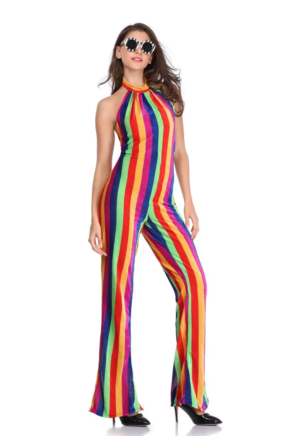 Женский пляжный комбинезон в радужную полоску с открытыми плечами открытой