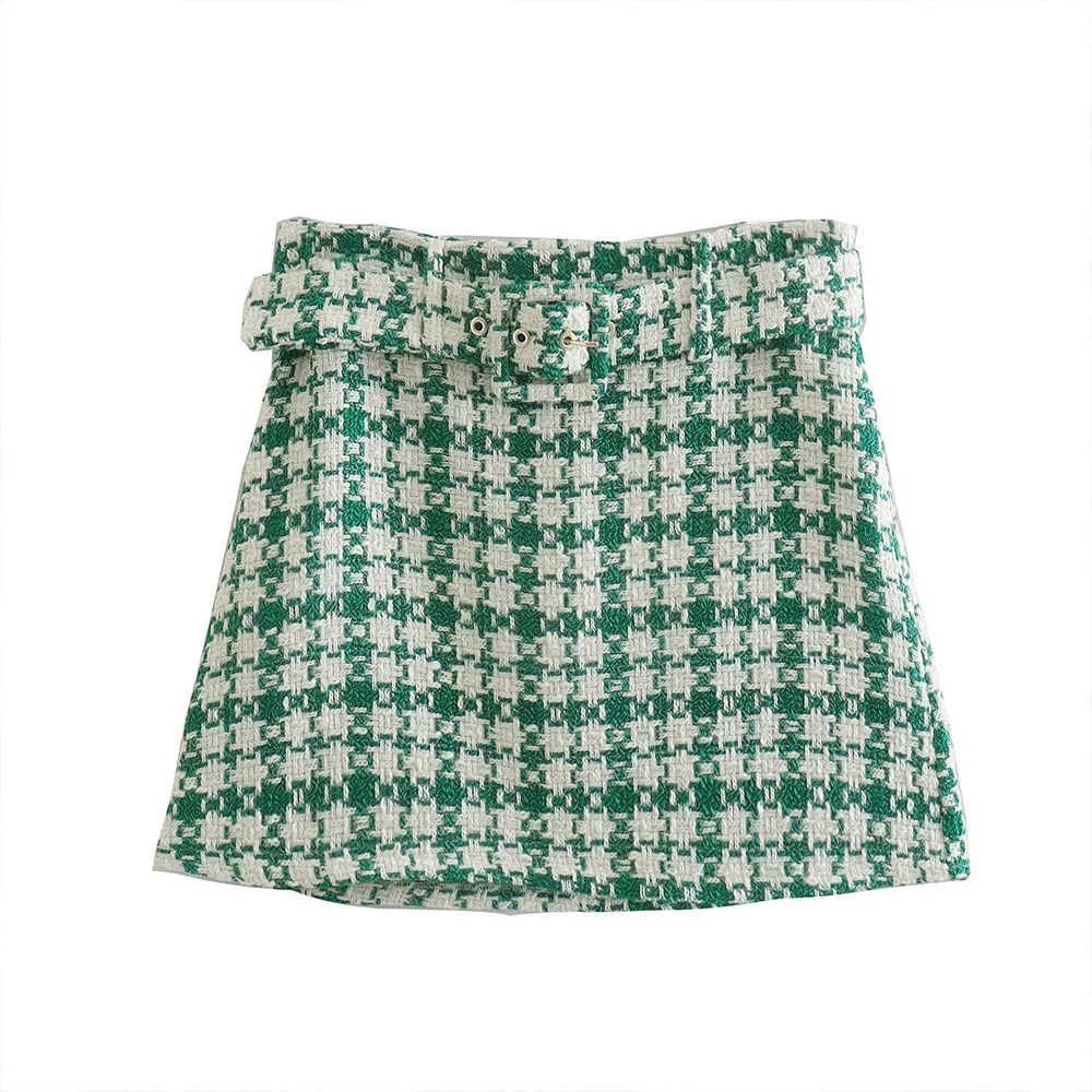 

ZATRHMBM 2022 Женская весенне-летняя новая уличная Ретро короткая зеленая текстурная Женская юбка с поясом