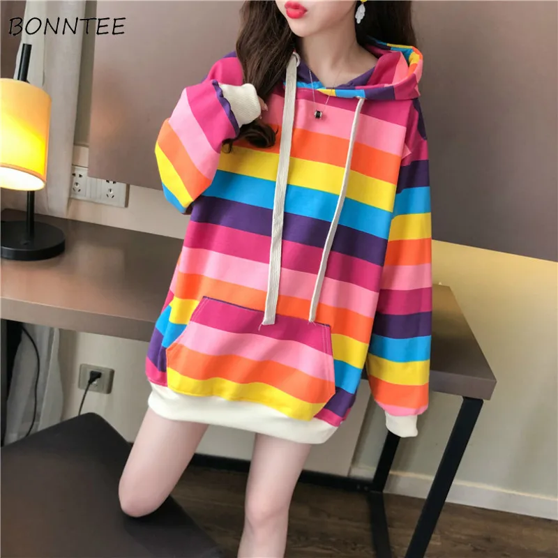 Hoodies Women Leisure Rainbow Trendy All-match Hooded Korean Style Long Sleeve Striped Harajuku Young Ladies Fashion Soft Ins
