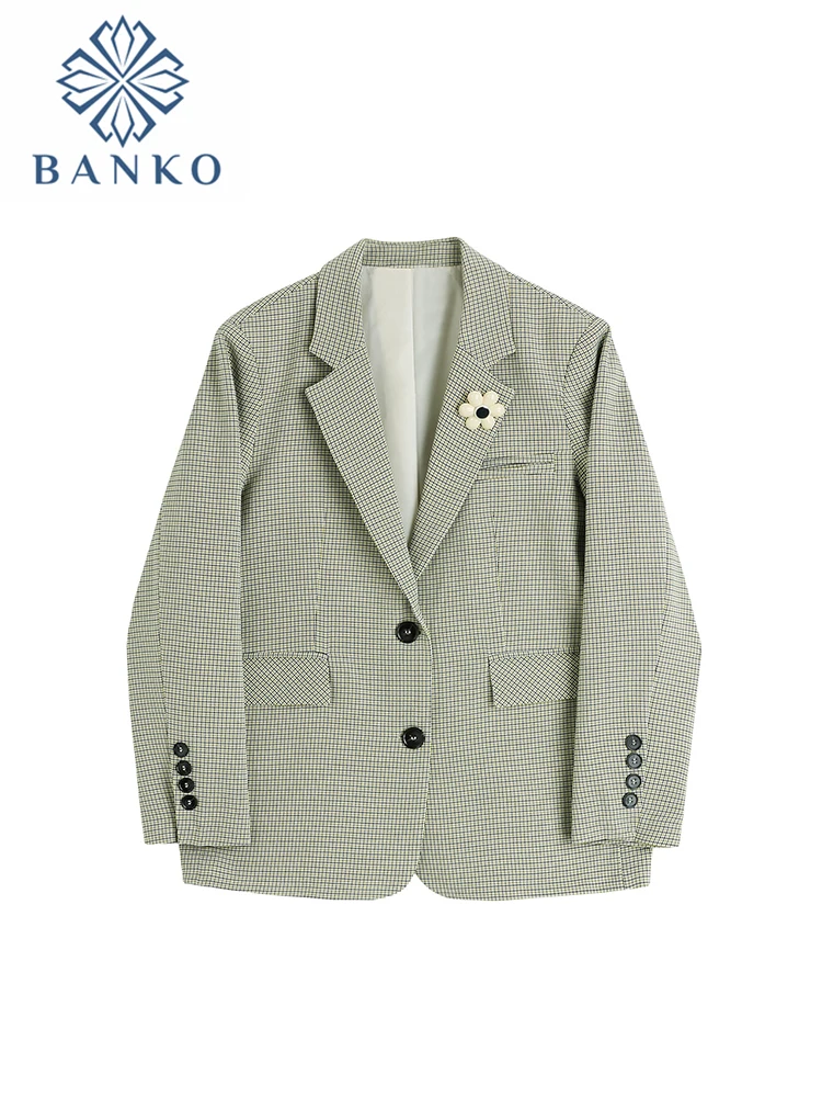 

2022 Women New Autumn Winter Vintage Plaid Floral Decoration Suit Outerwear Turn-down Collar Baggy Long Sleeve Lady Blazer Coat