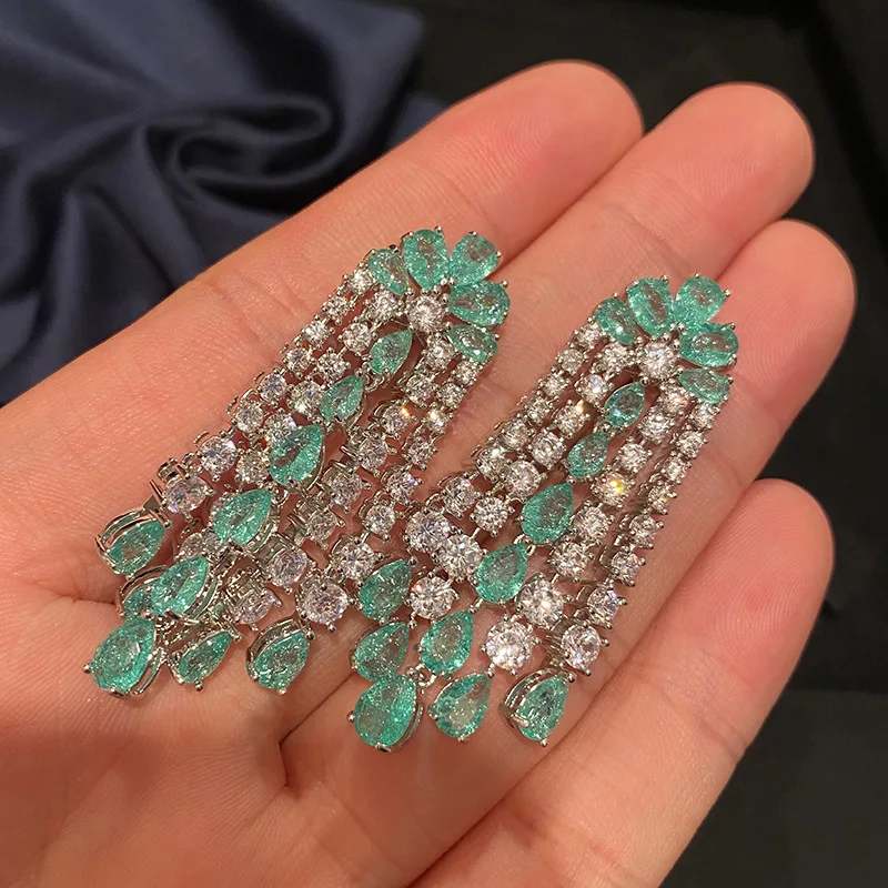 

Simple Green and White Crystal Cubic Zircon Tassel Long Earrings High Quality Women's Gift Water Droplets Jewelry Wedding Party