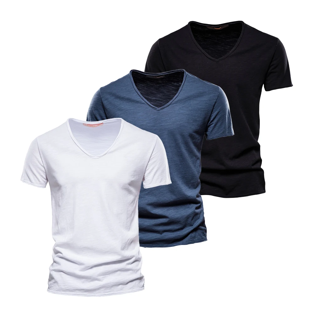 

AIOPESON 3 PCS Sets 100% Cotton Men's T-Shirts Fashion Design V-neck Casual Slim Fit Basic Solid Summer T Shirt For Men