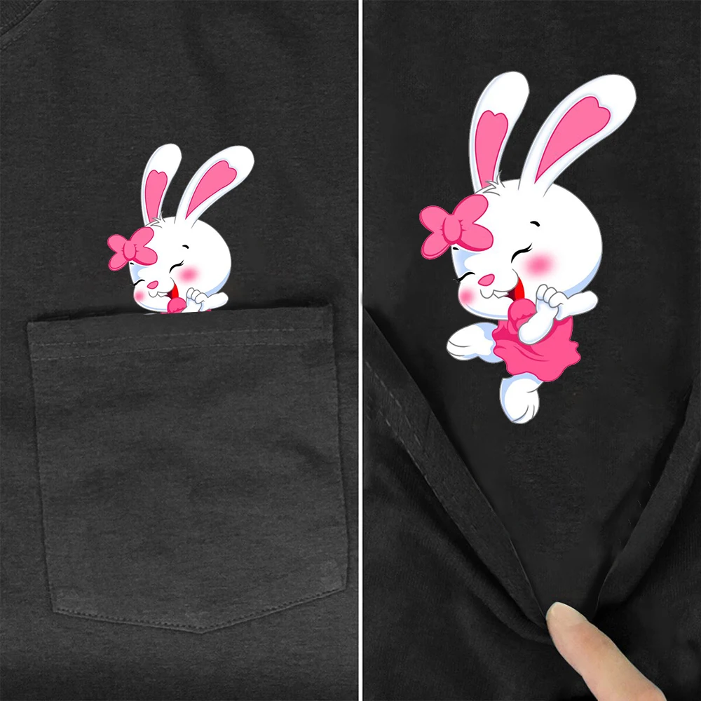 

CLOOCL Cute Rabbit Women's T-shirts Black Pure Cotton Cartoon Bunny Pocket Tees Funny Tees Summer Hip Hop Tops Graphic T Shirts