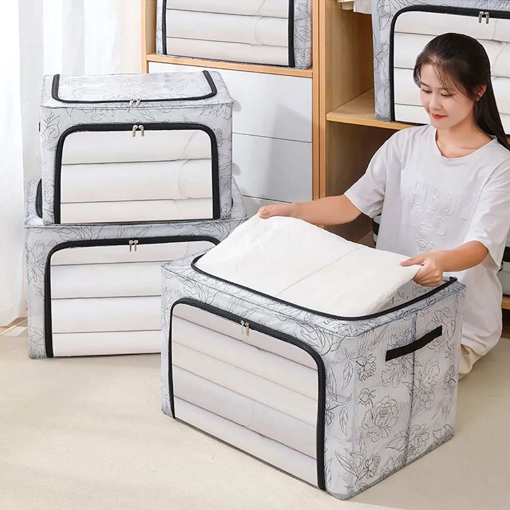 

Foldable PEVA Storage Box Large Capacity Quilt Blanket Closet Wardrobe Clothing Organizer Storage with Steel Frame Home Organize