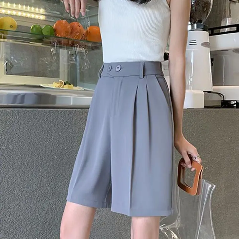 Suit Shorts Women Loose Wide Leg High Waist with Zipper Button Pockets Ladies Summer Shorts Casual Loose Short Trousers W60