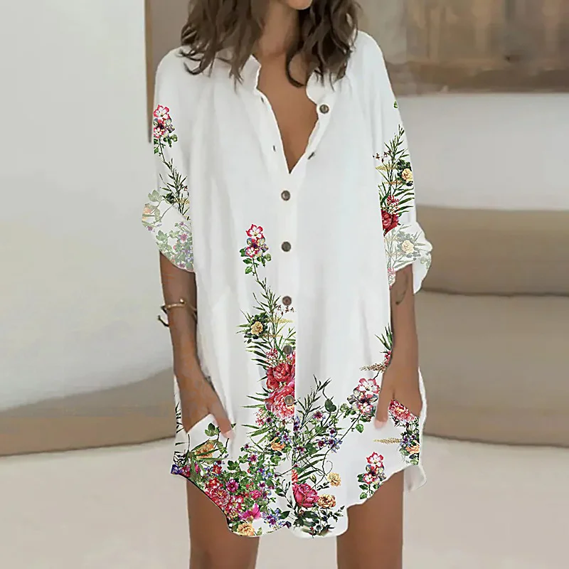 

Casual elegant slim sexy new dress,Floral Print White Casual Shirt Dress Button Through Women Long Sleeve Single Breasted P2023