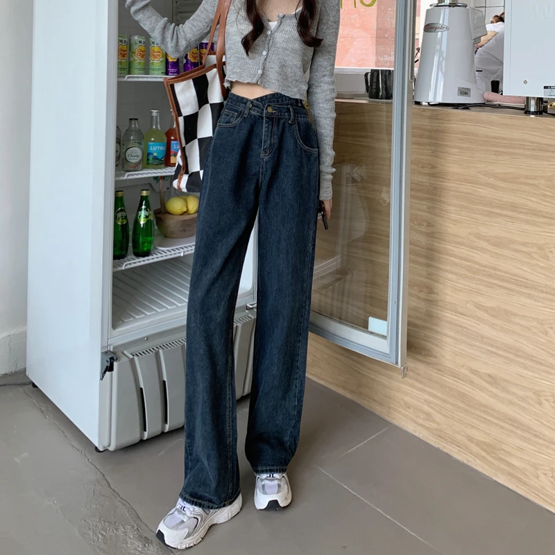 

DD0841 High waist jeans women's new design sense loose and versatile straight wide leg pants jeans