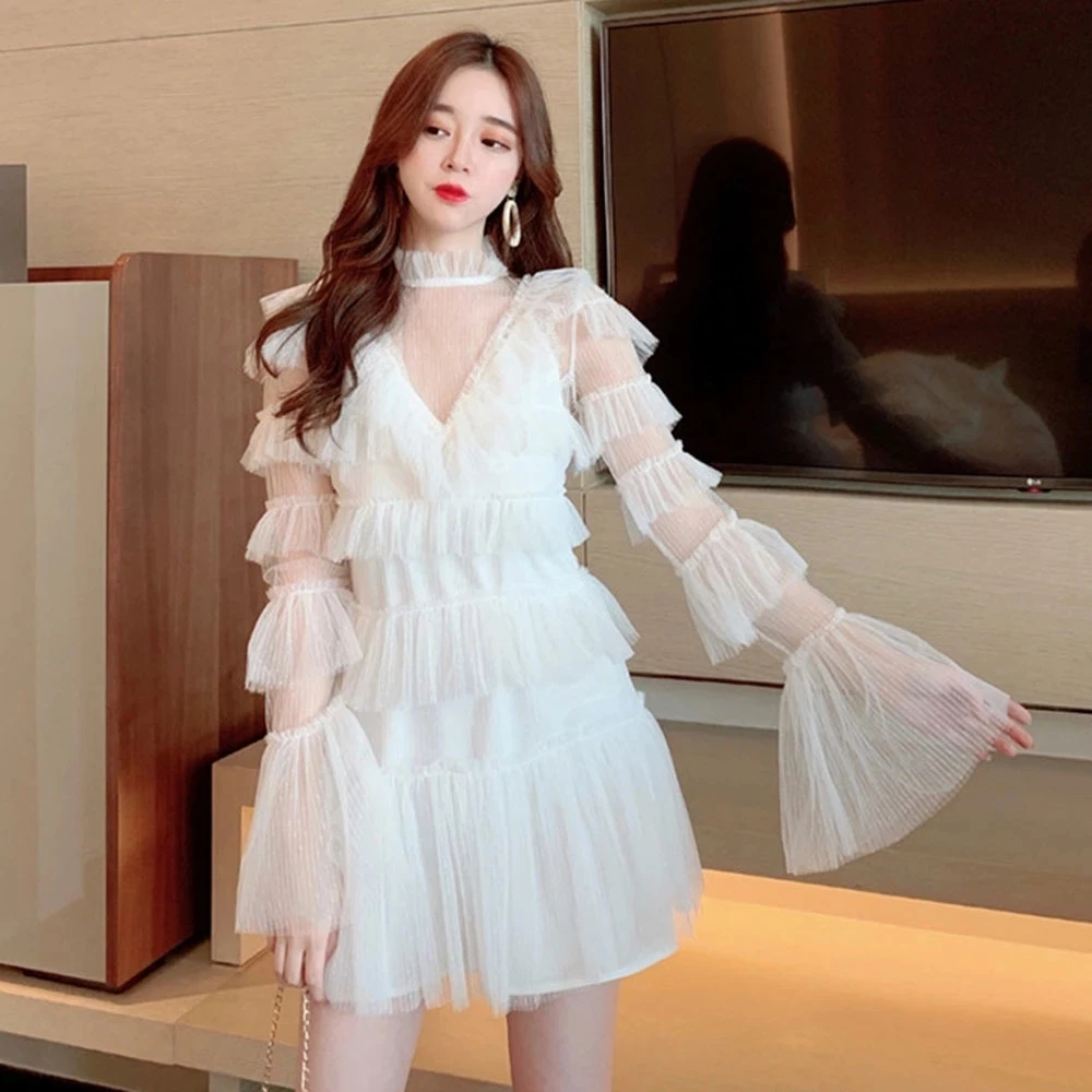 

Элегантное повседневное Тюлевое женское прозрачное Тюлевое многослойное мини-платье с оборками вечернее платье с длинным рукавом черное б...