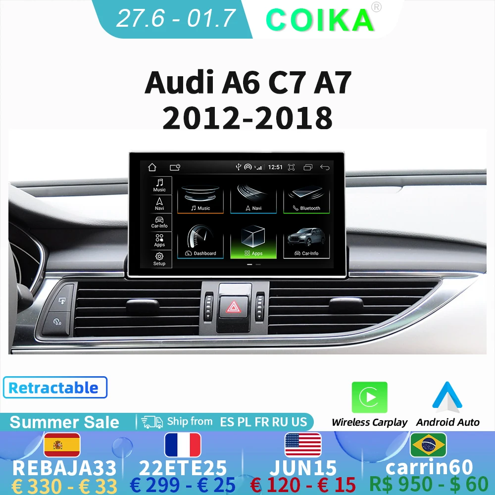 

8 Core 8+128GB Car Multimedia Player For Audi A6 C7 A7 2012-2018 BT Music Stereo Android 10.0 Carplay IPS Touch GPS Navi Radio