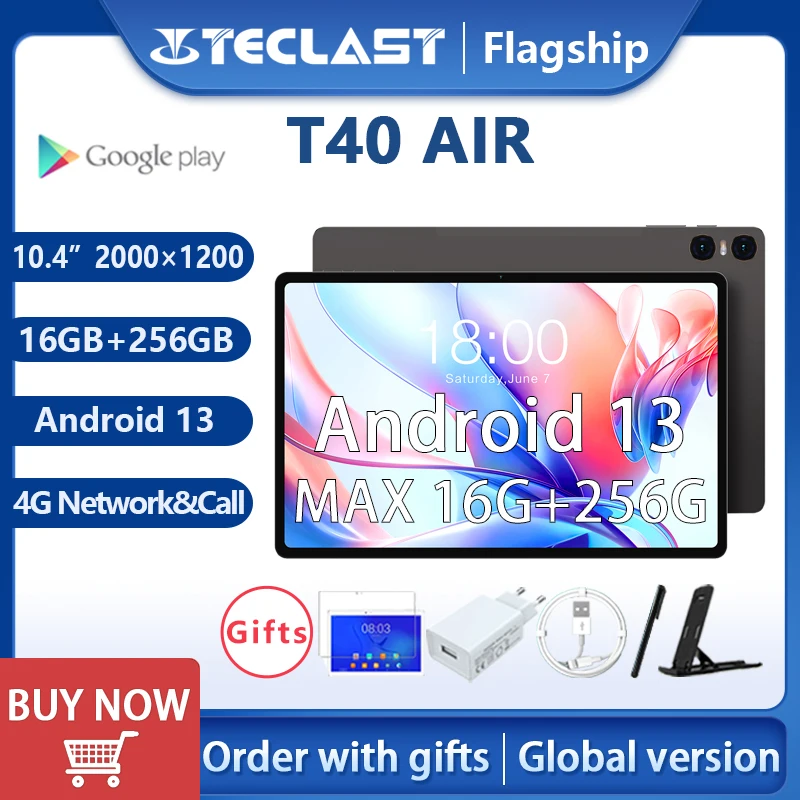 

【NEW】Teclast T40 AIR Tablet MAX 16GB+256GB 10.4" Android 13 2000x1200 UNISOC T616 Octa Core 4G Network Type-C 18W Fast Charging