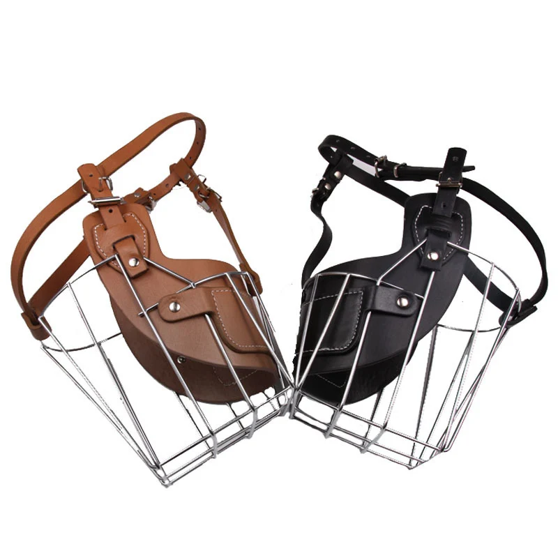 

Adjustable Dog Muzzle Metal Iron Leather Dog Training Dog Mouth Cover For Large Dog Bulldog Anti-bite Pet Muzzle Black Brown
