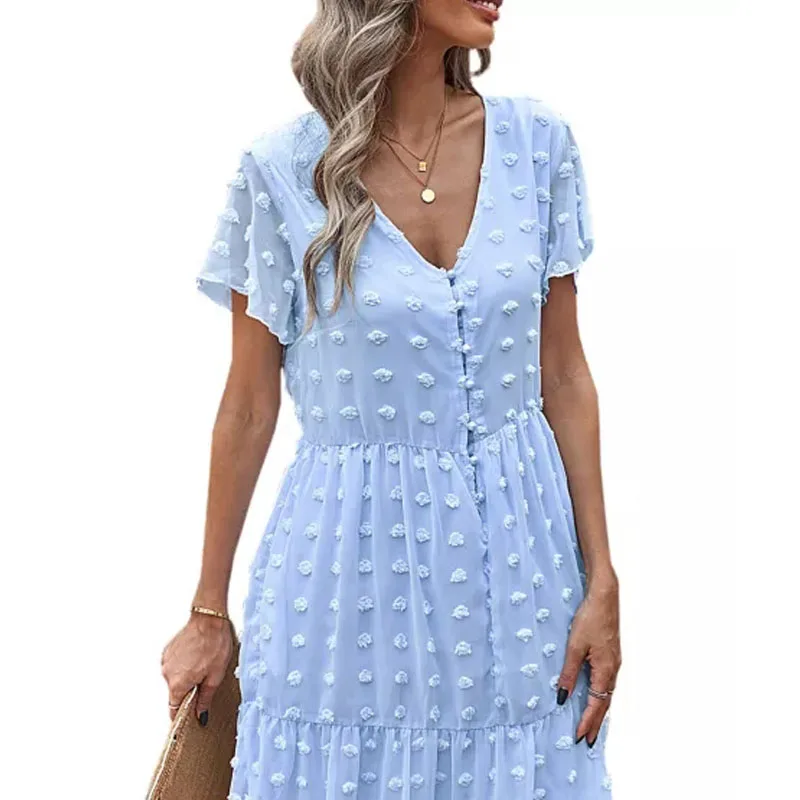 

Женское мини-платье в горошек с V-образным вырезом и коротким рукавом