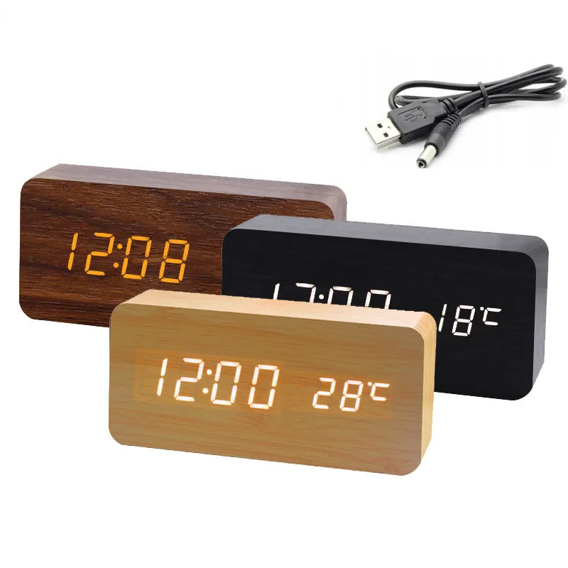

Wooden LED Alarm Clock Multicolor Sound Voice Control Desktop Table Digital Clocks Thermometer USB Wood Despertador staande klok