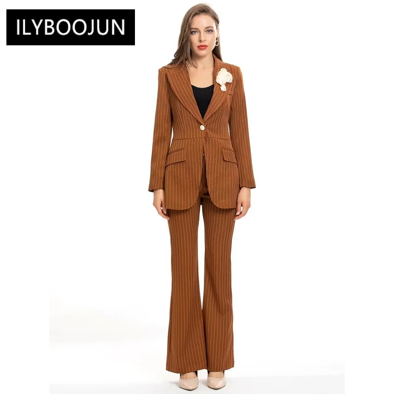 

Fashion Designer Autumn Dress Women Long Sleeves Appliques Coat + Flare Pants Striped Office Lady Two Piece Set