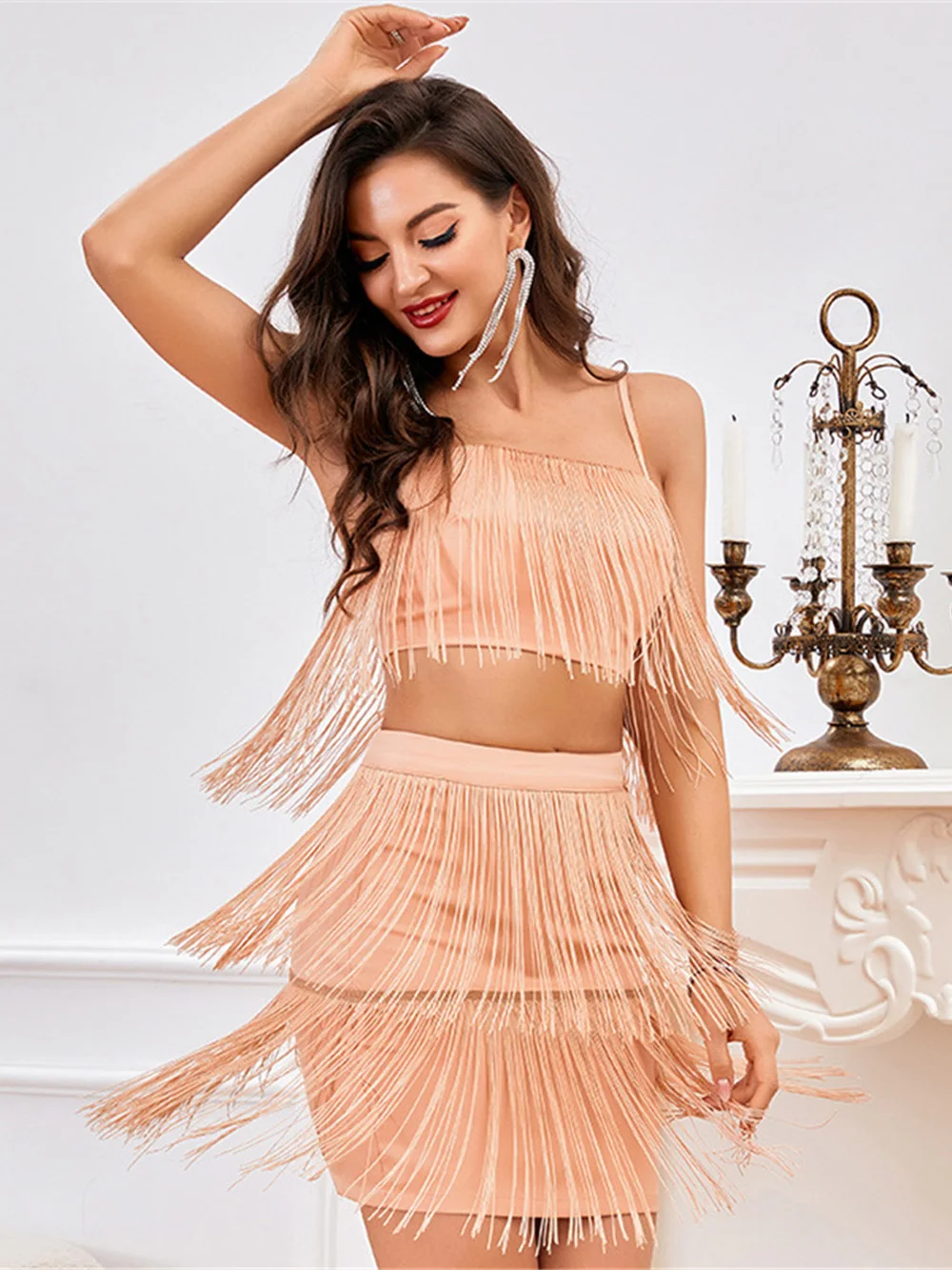 Romans Spaghetti Strap Scoop 2 Pieces Skirt Tassel Backless Sexy Girl Prom Dress SMRS22042822