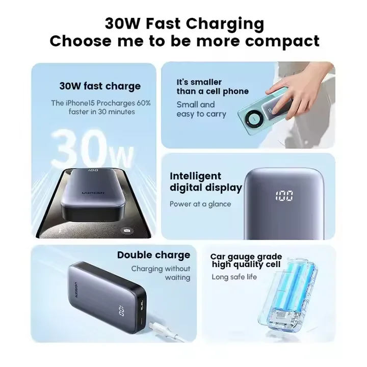 UGREEN Портативный мини-банк питания 30 Вт материал ABS тип C двойной USB A емкость