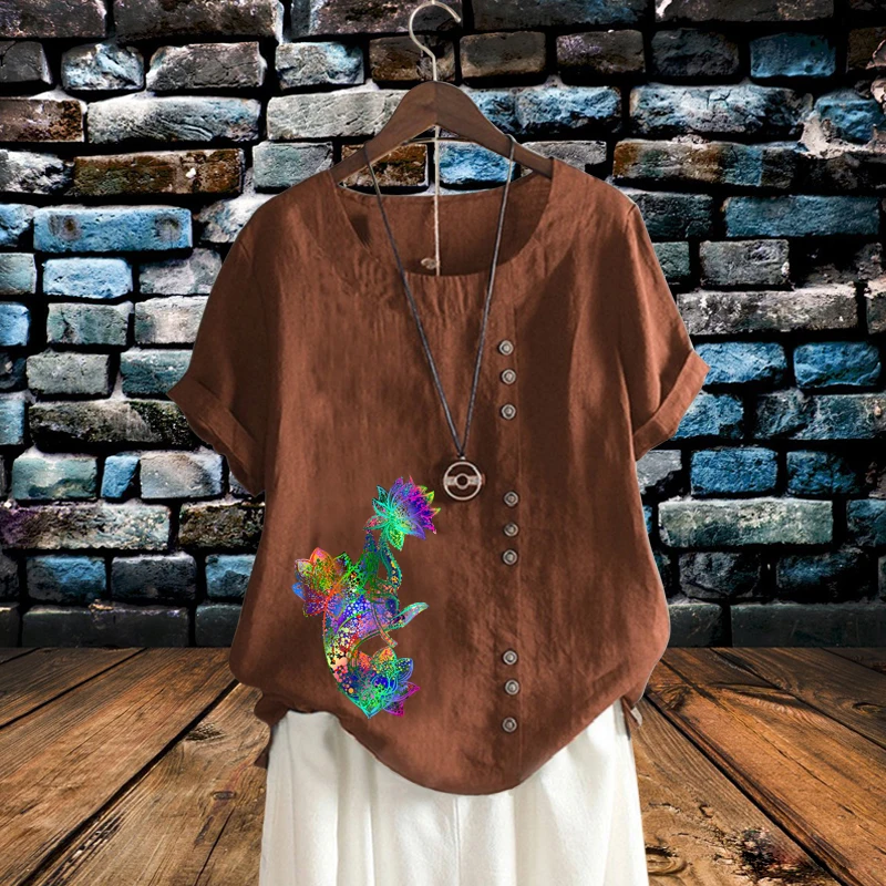 

2022 Summer Retro Ladies Linen Blouse Colorful Printed Loose Solid Color T-shirt Vintage Round Neck Short Sleeve Top XS-5XL