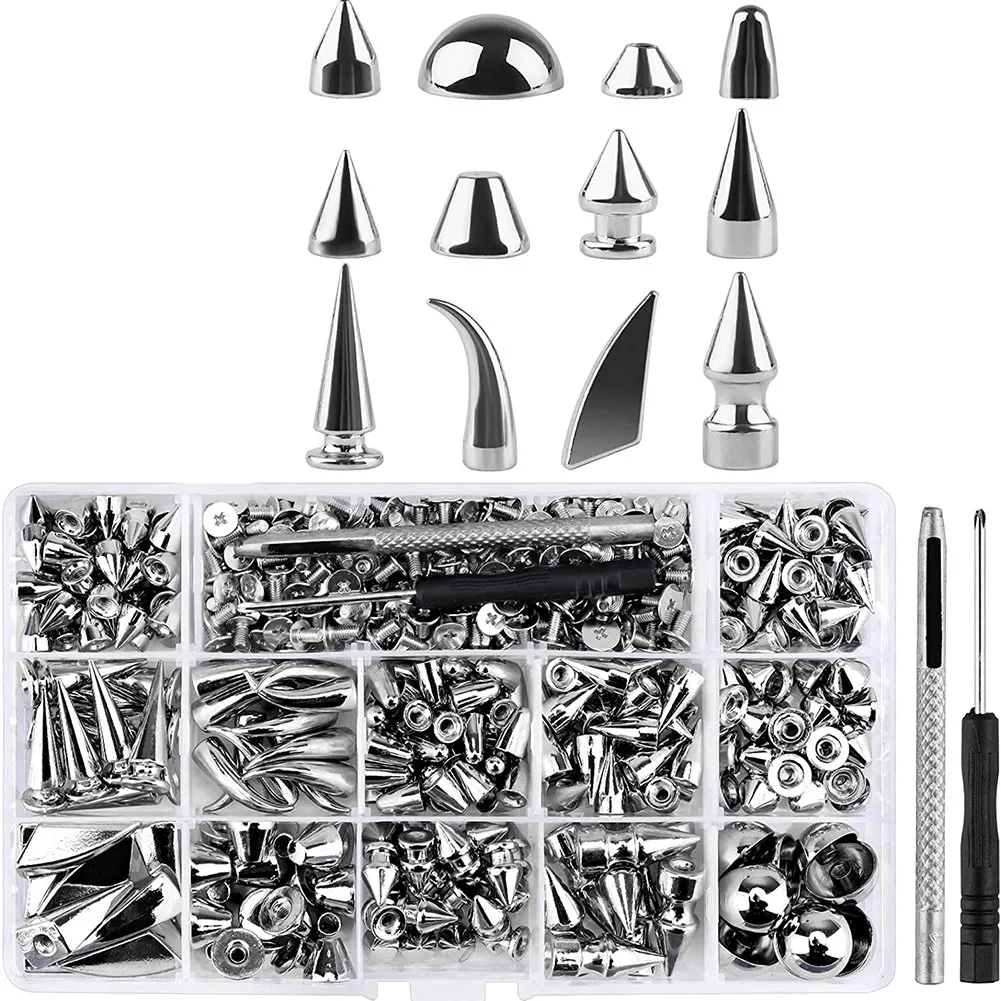 

270Set Spikes and Studs Mixed Shape Punk Spike Rivets Metallic Cone Screw Back Studs with Install Tool for Leather Craft