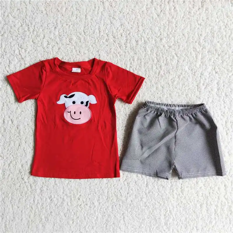 

Wholesale Baby Boy Boutique Clothing Embroidery Cute Cow Cotton Red Top Seersucker Shorts Children Summer Sets Kids Outfit