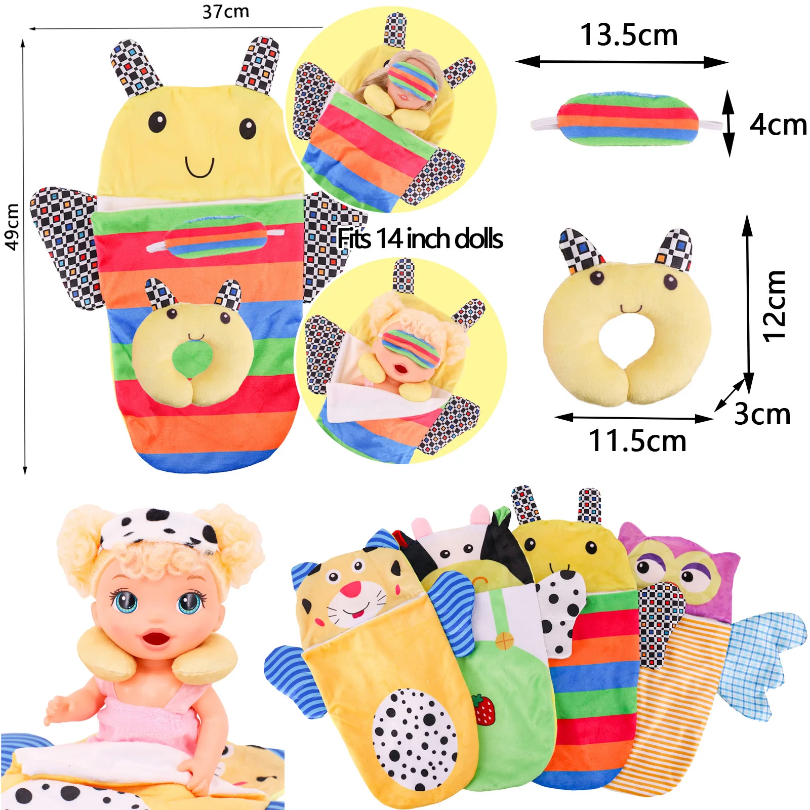 

42cm Sleeping Bag + Eye Mask Cute Animal Shape for 14 inch Wellie Wisher& Paola Reina& Nancy& 30 Cm Baby Alive Doll Accessories