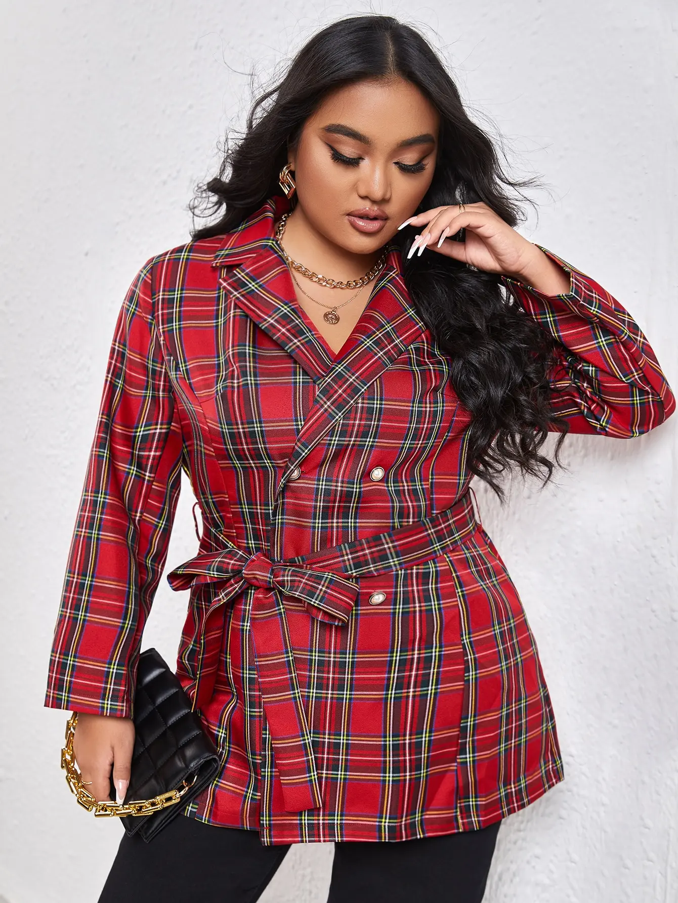 

Plus Size Tartan Double Breasted Belted Blazer Woman Tops Double Breasted Long Sleeve Suit Jacket Casual Blazers Female Coats