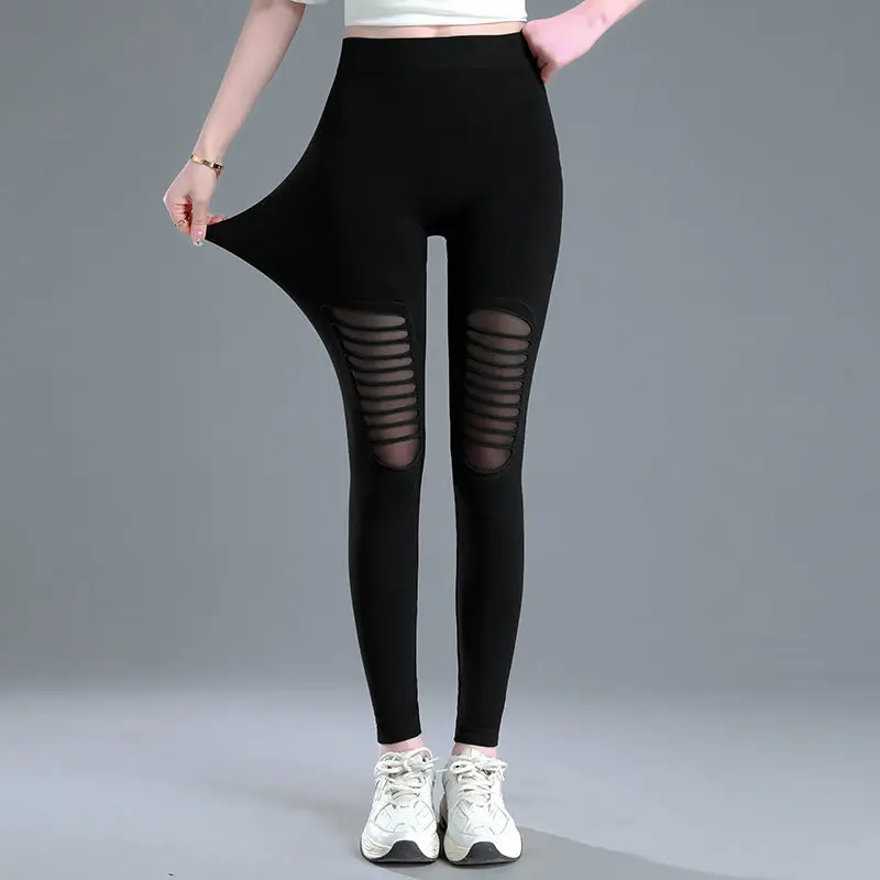 

2022 Spring Summer Women New Gauze Thin Leggings Female Slim High Waist Skinny Pants Ladies Black Holes Stretch Leggings E304