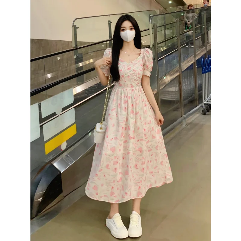 

2023 Summer New Dress Pink Print Girls' Dress Waist Square Neck Short Sleeve Korean Long Skirt Plus Size XXXL Dress