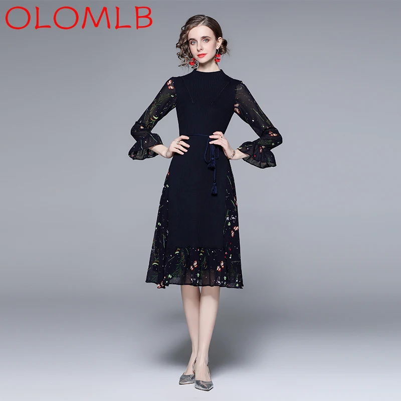 

OLOMLB 2022 весеннее цветочное женское модное темпераментное вязаное шифоновое универсальное дизайнерское платье до колена с юбкой